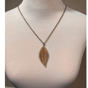 Aldo Leaf Pendant Necklace Antique Gold Tone Pave Rhinestone Long Necklace